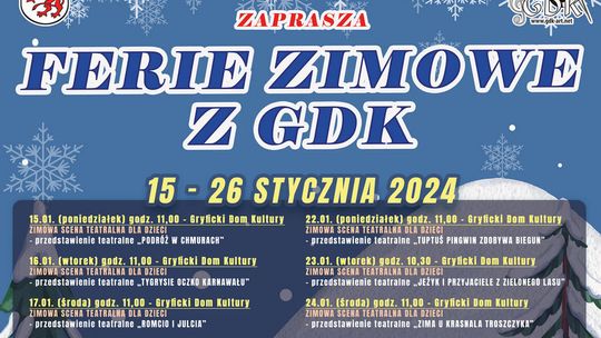 „BEZPIECZNE FERIE 2024” w GRYFICKIM DOMU KULTURY i ŚWIETLICACH WIEJSKICH 15 – 27.01.2024r.
