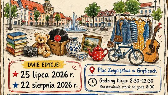 Plakat gryfickiego pchlego targu 2026 z terminami, miejscem i zasadami wydarzenia.