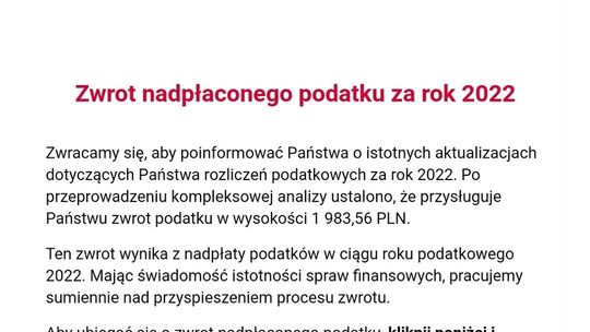 Ostrzegamy przed fałszywymi e-mailami o zwrocie nadpłaconego podatku za 2022 r
