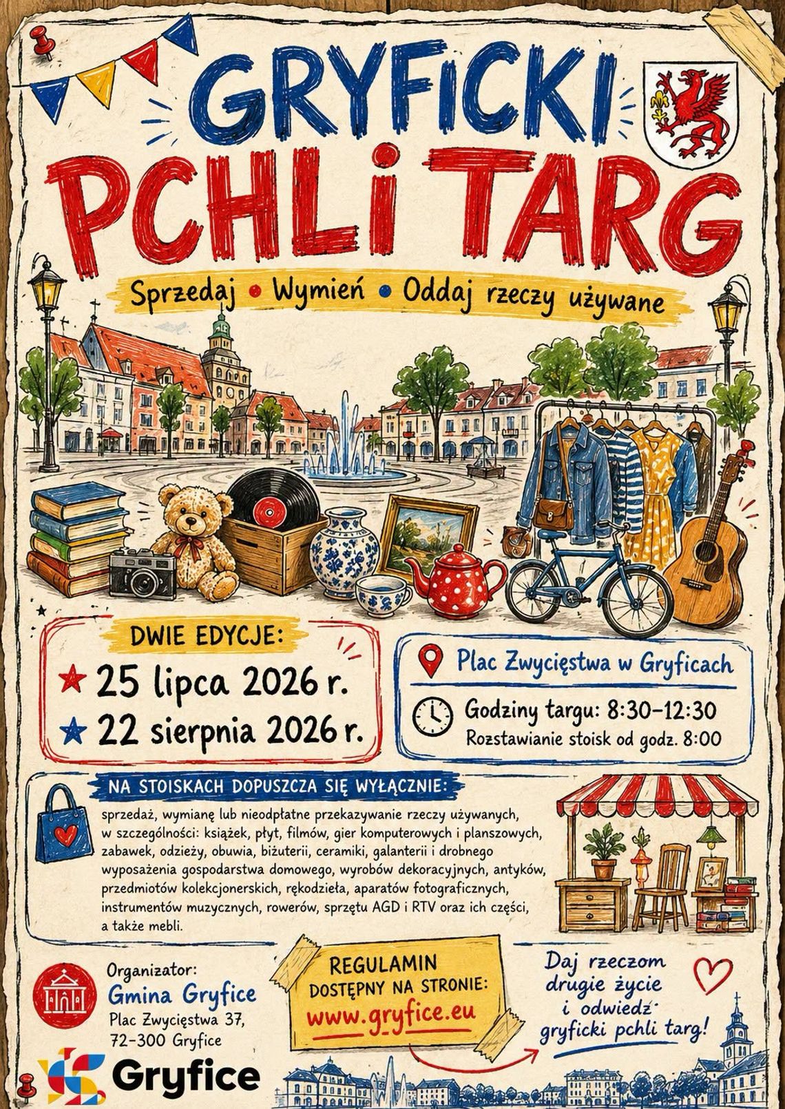 Gryficki pchli targ wraca latem 2026. Dwie edycje na Placu Zwycięstwa Plakat gryfickiego pchlego targu 2026 z terminami, miejscem i zasadami wydarzenia.