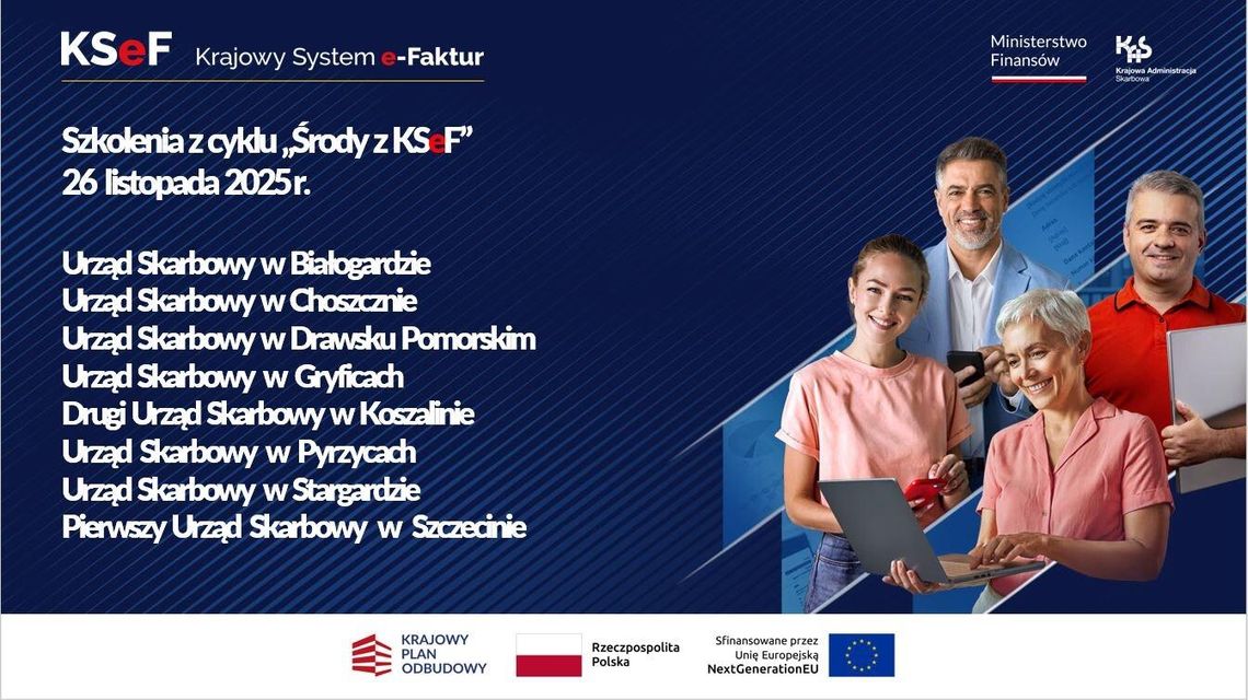 Środy z KSeF: bezpłatne szkolenia ekspertów urzędów skarbowych o Krajowym Systemie e‑Faktur — stacjonarnie i online, szczegóły na BIP