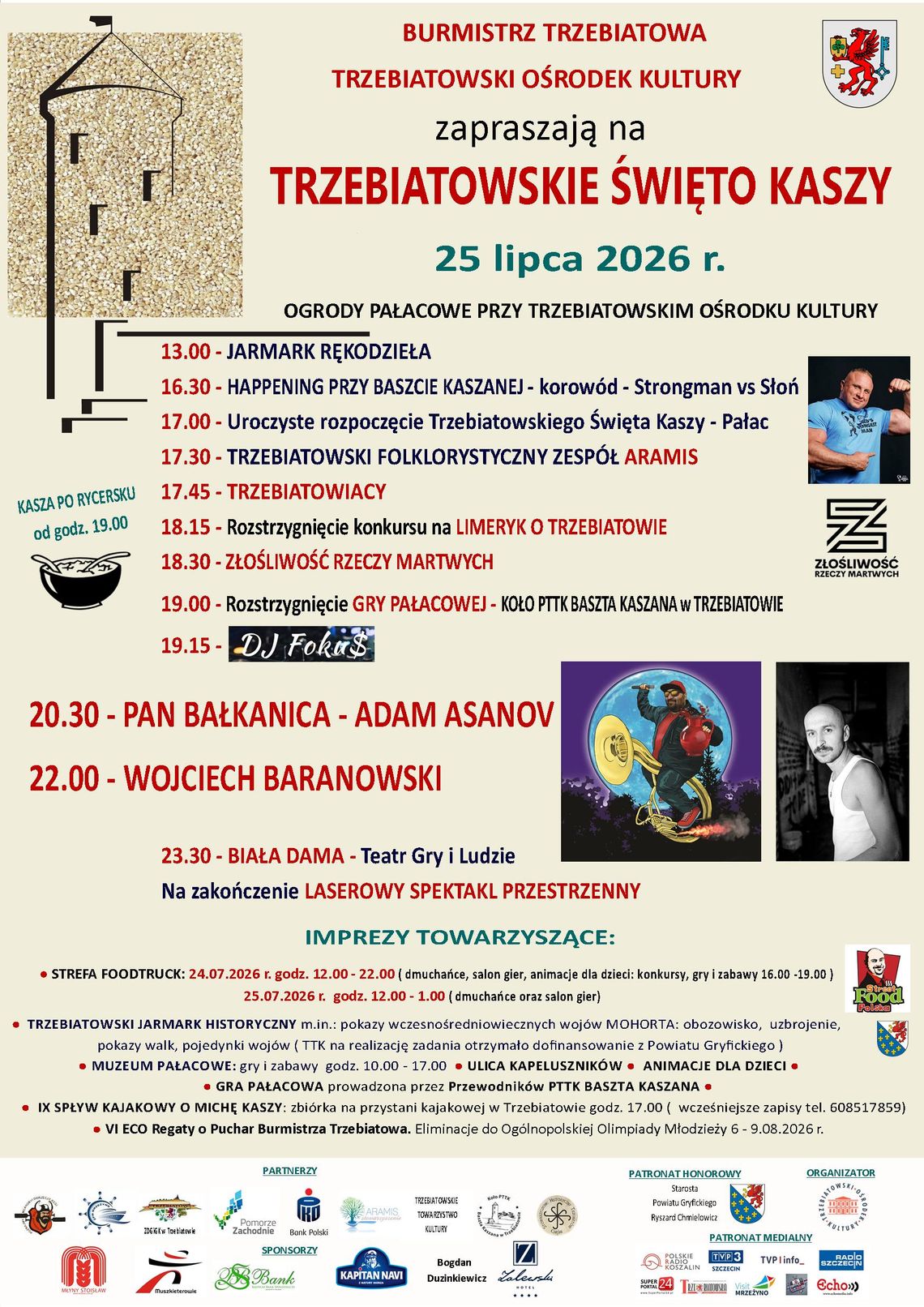 Trzebiatów zaprasza na Święto Kaszy 2026. Koncerty, jarmark i widowiska w pałacowych ogrodach Plakat wydarzenia Trzebiatowskie Święto Kaszy 2026 z programem koncertów i atrakcji