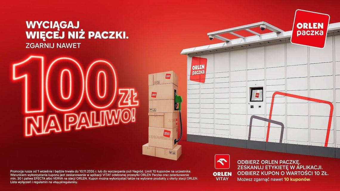 Wyciągaj więcej niż paczki. Odbieraj przesyłki z ORLEN Paczki i zgarnij nawet 100 zł na paliwo na stacjach ORLEN Wyciągaj więcej niż paczki. Odbieraj przesyłki z ORLEN Paczki i zgarnij nawet 100 zł na paliwo na stacjach ORLEN