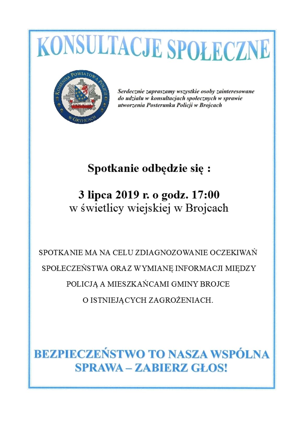 Zaproszenie na konsultacje społeczne ws. utworzenia Posterunku Policji w Brojcach