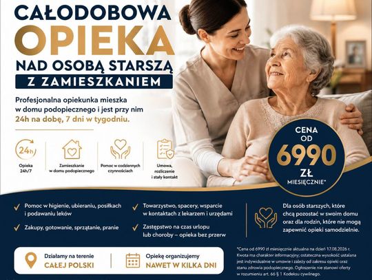 Usługa opieki od 6990 zł 24h nad osobą starszą z zamieszkaniem